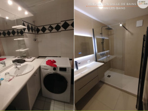 Photo de galerie - Rénovation de salle de bains à Évian-les-Bains (Haute-Savoie) avec création d’une douche à l’italienne et installation de meuble vasque, comprenant la reprise des réseaux plomberie et électricité pour un aménagement moderne et fonctionnel.