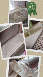 Photo de galerie - Créations et pose de housse en lin sur une malle en feuille de palmier. 