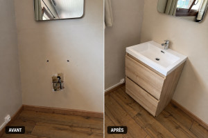 Photo de galerie - • montage et installation du meuble • pose de la vasque • installation du mitigeur• raccordement de l’arrivée d’eau• reprise et modification complète de l’évacuation• mise en service et vérification de l’ensemble