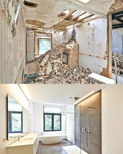 Photo de galerie - Avant et après d'une cuisine transformée en salle de bain