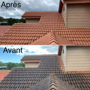 Photo de galerie - Voici une photo assez explicite, montrant une toiture avant, et après application d’un produit fongicide ( anti algues ,champignons ,mousse)