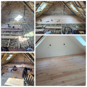Photo de galerie - Pose d'un plancher en Pin Maritime pour un aménagement de combles.