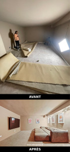Photo de galerie - Installation de moquette avec finitions soignées pour une ambiance cinéma chaleureuse et raffinée.