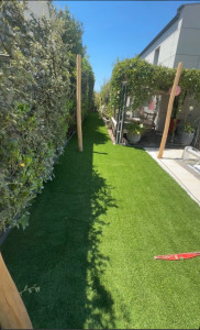 Photo de galerie - Taille d’arbustes, remise de terrain à niveau, pose de Géotextile et pose de gazon synthétique, pose de pergola