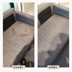 Photo de galerie - Nettoyage canapé avec shampouineuse professionnelle et produit de nettoyage professionnel et ecologique
