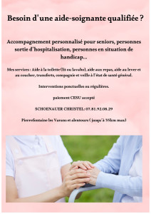 Photo de galerie - Parce que rester chez soi est essentiel, je propose un soutien adapté à vos besoins ou à ceux de vos proches.
Diplômée d'État, j'assure une prise en charge humaine et sécurisante pour faciliter les gestes de la vie courante.