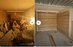 Photo de galerie - Aide au tri et rangement d’un garage, habillage de deux façades murales avec des planches en bois, déplacement d’objets encombrants et lourds (canapé, sèche linge), nettoyage et mise au propre du garage