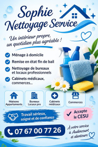 Photo de galerie - Bonjour,

Je suis auto-entrepreneuse chez Sofy Nettoyage Services à Audincourt.

 services de nettoyage particuliers et aux professionnels : maisons, appartements, bureaux, commerces et parties communes d'immeubles.

J'accepte tous les modes paiement. 