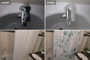 Photo de galerie - Remplacement d’un robinet de baignoire + amélioration esthétique de la salle de bain. Installation propre et soignée avec mise en place d’un nouveau rideau de douche pour un rendu plus moderne et agréable. Travail réalisé avec soin, client satisfait.
