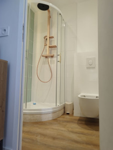 Photo de galerie - Pose d'un Bac à douche avec sa colonne et sa paroi de douche, ainsi que le wc suspendu. 