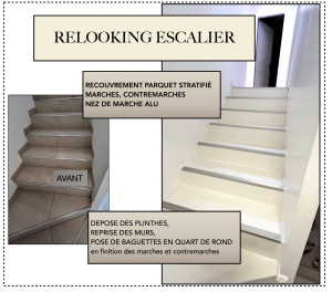 Photo de galerie - ESCALIER RELOOKING. 
RECOUVREMENT PARQUET STRATIFIÉ MARCHES, CONTREMARCHES,NEZ DE MARCHE ALU, DEPOSE DES PLINTHES,REPRISE DES MURS, 
POSE DE BAGUETTES EN QUART DE ROND en finition des marches et contremarches