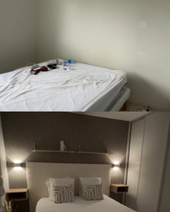 Photo de galerie - Fabriquer de tête de lit montage meuble fixation lumière plus étagère papier peint peinture 