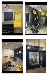 Photo de galerie - Pose de lino, pose de papier peint, pose de d’eventure ,peinture façade en noir ,pose carreaux en bois + fausse herbe .