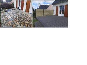 Photo de galerie - Transformation et agrandissement d'une terrasse en pierre en une terrasse en composite. Mise en place de panneau brise vue.