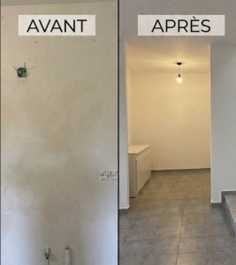 Photo de galerie - Dépose de l'ancien plâtre, application d'un nouvel enduit de lissage, pose d'une
 sous-couche ve finitions en peinture.


