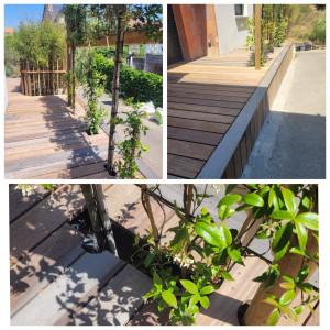 Photo de galerie - Pose terrasse bois et découpage pour plantations