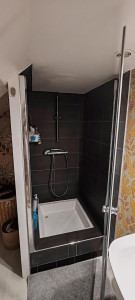 Photo de galerie - Après la réparation de la fuite visible au plafond de la cuisine et une inspection approfondie, plusieurs carreaux fissurés ont été constatés. Suite à cela, le client a décidé de remplacer la faïence ainsi que la colonne de douche. 
