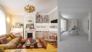 Photo de galerie - Dans ce salon avec moulures et cheminée d’origine, l’objectif était clair : créer du rangement sans dénaturer le charme existant.
Nous avons conçu une bibliothèque sur mesure dans l’axe de la cheminée, mêlant étagères ouvertes et rangements fermés, avec 