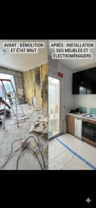 Photo de galerie - Démolition complète pose d’un baie vitrée pose de placo  et montage d’une cuisine 