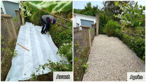 Photo de galerie - Pose de film géotextile et de gravier.