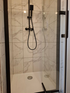 Photo de galerie - Réalisation d'une douche :pose de sanitaires et porte de douche