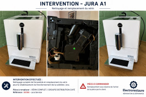 Photo de galerie - Nettoyage complet et diagnostic de la cafetière Jura. Contrôle du groupe de distribution café : remplacement du vérin complet nécessaire pour rétablir le bon fonctionnement de l’appareil (pièce à commander)