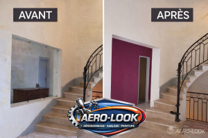 Photo de galerie - Mise en valeur d’une cage d’escalier par une intervention picturale sur mesure, pensée pour dynamiser l’espace et créer une identité visuelle forte