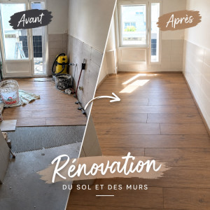 Photo de galerie - Avant Après : ancienne dalle plastique décollé puis pose de lame de carrelage imitation parquet 