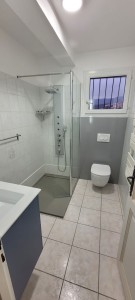 Photo de galerie - Remplacement d'une douche, un meuble vasque avec miroir et d'un WC suspendu avec bâti support.