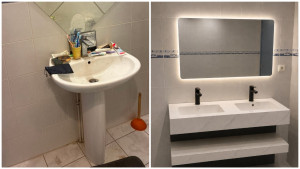 Photo de galerie - Remplacement lavabo simple par meuble double vasque avec derivation pour double alimentation en eau et double évacuation 