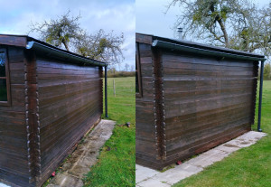 Photo de galerie - Rénovation du bardage et pose d'une gouttière d'un cabanon de jardin.