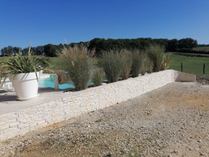 Photo de galerie - Pierre de parement avec pose de travertin sur le mur. 
