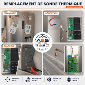 Photo de galerie - Remplacement d’une sonde thermique sur réfrigérateur : diagnostic de la panne, démontage du bandeau de commande, contrôle de la carte électronique et des mesures, remplacement de la sonde puis vérification du bon fonctionnement de l’appareil.