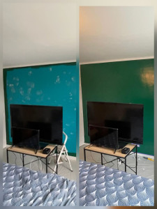 Photo de galerie - Avant / après – Rénovation complète d’un mur intérieur.
Ponçage, réparation des parties abîmées, préparation du support et mise en peinture dans un vert profond. Un mur entièrement remis à neuf, avec un résultat propre et uniforme.