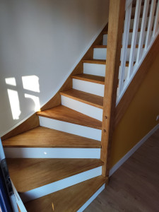 Photo de galerie - Ponçage marches/contremarches/rambarde 
mise en peinture 
protection huilage 