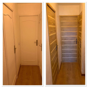 Photo de galerie - Dépose des moulures. Préparation des portes. Application d’une peinture effet faux bois.