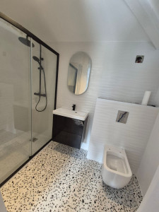 Photo de galerie - Pose wc suspendu, meuble vasque miroir et paroi de douche