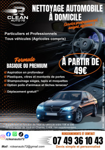 Photo de galerie - Nettoyage intérieur automobile à domicile 
Sarthe et Mayenne
à partir de 49€
Réglement par virement espèces ou CB
