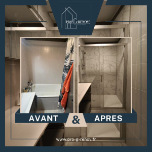 Photo de galerie - AVANT/APRES : TRANSFORMATION D'UNE SALLE DE BAIN  :

- Un receveur extra-plat pour un accès facilité
- Une porte coulissante pour optimiser l’espace
- Des panneaux muraux décor marbre pour une finition élégante