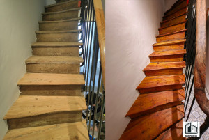Photo de galerie - Rénovation complète d’un escalier ancien avec ponçage, traitement du bois et application d’une teinte. Résultat : le bois a retrouvé son éclat, avec une finition satinée qui sublime les marches et valorise l’entrée.