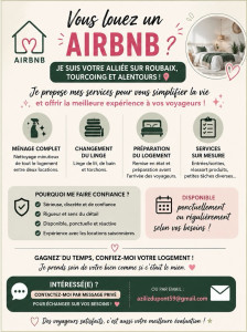 Photo de galerie - Ménage et préparation de logements Airbnb et locations courte durée : nettoyage complet entre deux voyageurs, changement du linge, remise en état du logement et réassort selon les besoins. Disponible sur Roubaix, Tourcoing, Lille et alentours. 