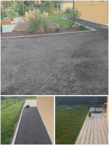 Photo de galerie - Création d’un terrain de boules, pose de bordure, nivellement du terrain plus semé la pelouse , pose de terrasse bois et nivellement du parking 