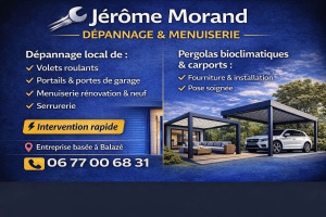 Photo de galerie - Artisan menuisier basé à Balazé (35500).
Dépannage volets roulants, portails, portes de garage.
Menuiserie rénovation & neuf.
Pergolas bioclimatiques et carports.
Intervention rapide secteur Vitré, Fougères et alentours.