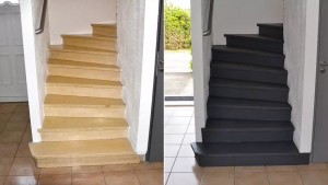Photo de galerie - Rénovations d'un escaliers en carrelage et installation de rambarde. 