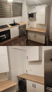 Photo de galerie - Montage cuisine, fixation meubles, découpe/pose plan de travail, électroménager, évier, robinetterie, plomberie, branchements et finitions.