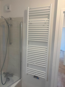 Photo de galerie - Installation d'un sèche-serviettes, d'une paroi de baignoire et d'une colonne de douche avec robinetterie dans une salle de bains rénovée.
