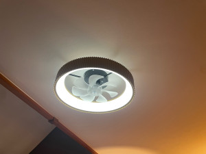 Photo de galerie - Dépose de l’ancien luminaire et remplacement par un ventilateur avec éclairage intégré ainsi qu'une adaptation du raccordement électrique existant pour mise en service de l’équipement.