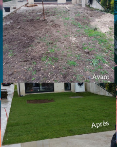Photo de galerie - Préparation du terrain/ nivelage/ mise en place de terre végétale/ pose gazon plaquage.