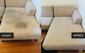 Photo de galerie - Avant/après nettoyage de canapé : élimination efficace des taches, poussières et odeurs pour un tissu comme neuf.
