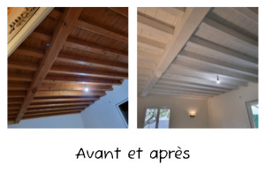 Photo de galerie - Peinture du plafond d'un salon (poutres en bois)